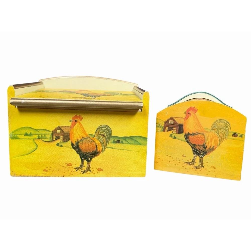Vintage Rooster Recipe Box w Recipe Cards & Coasters Farmhouse Kitchen Decor Set